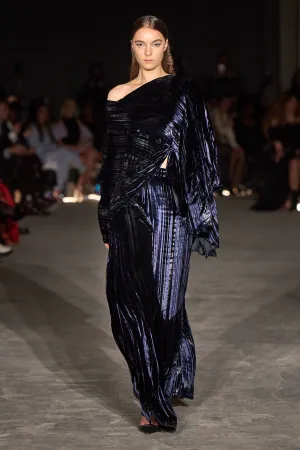 Metallic Velvet Stripe Asymmetrical Ruched Top