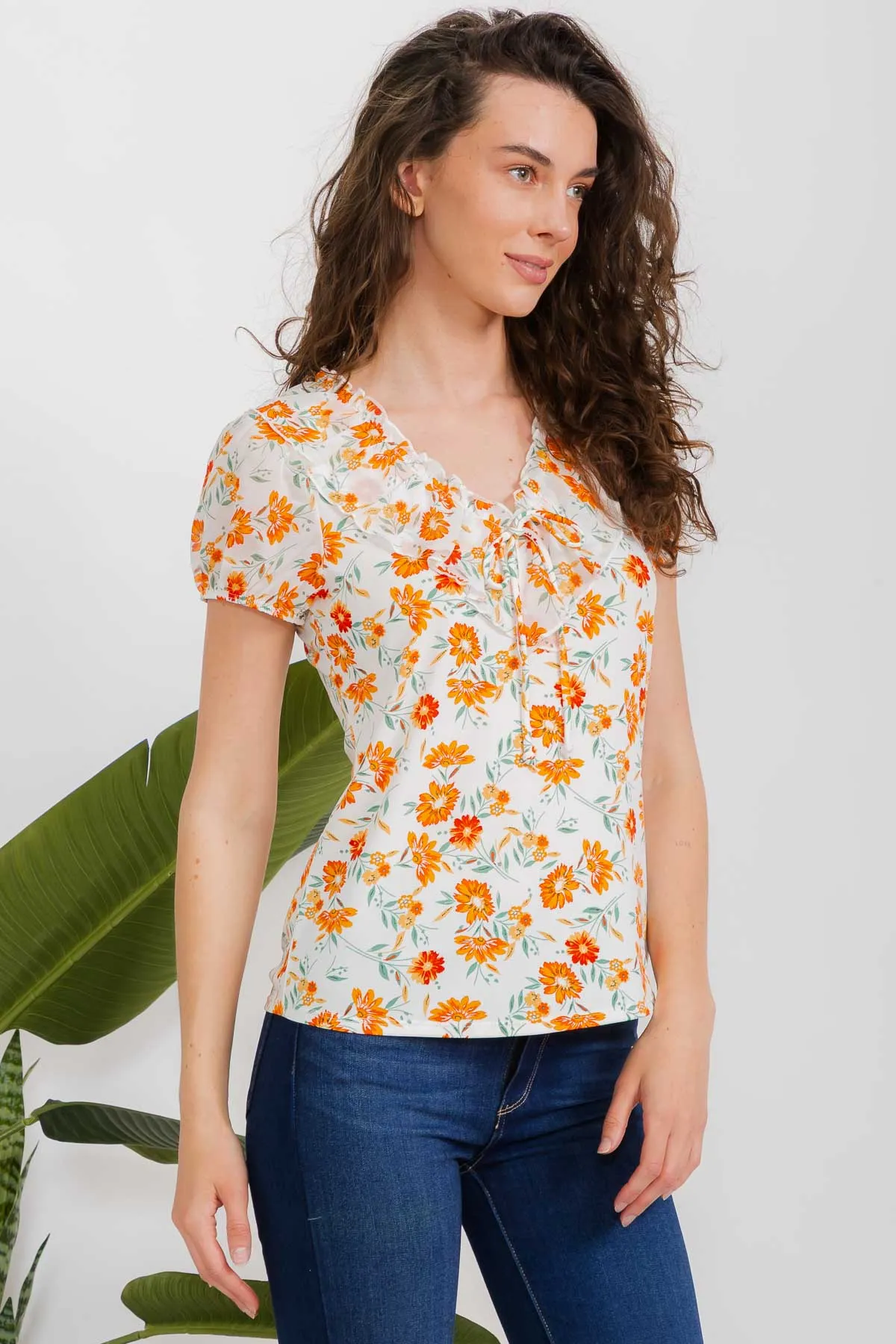 MIX MEDIA RUFFLE FRONT TIE PUFF SLEEVE PEASANT