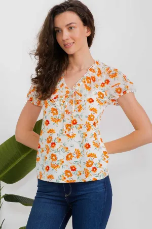 MIX MEDIA RUFFLE FRONT TIE PUFF SLEEVE PEASANT