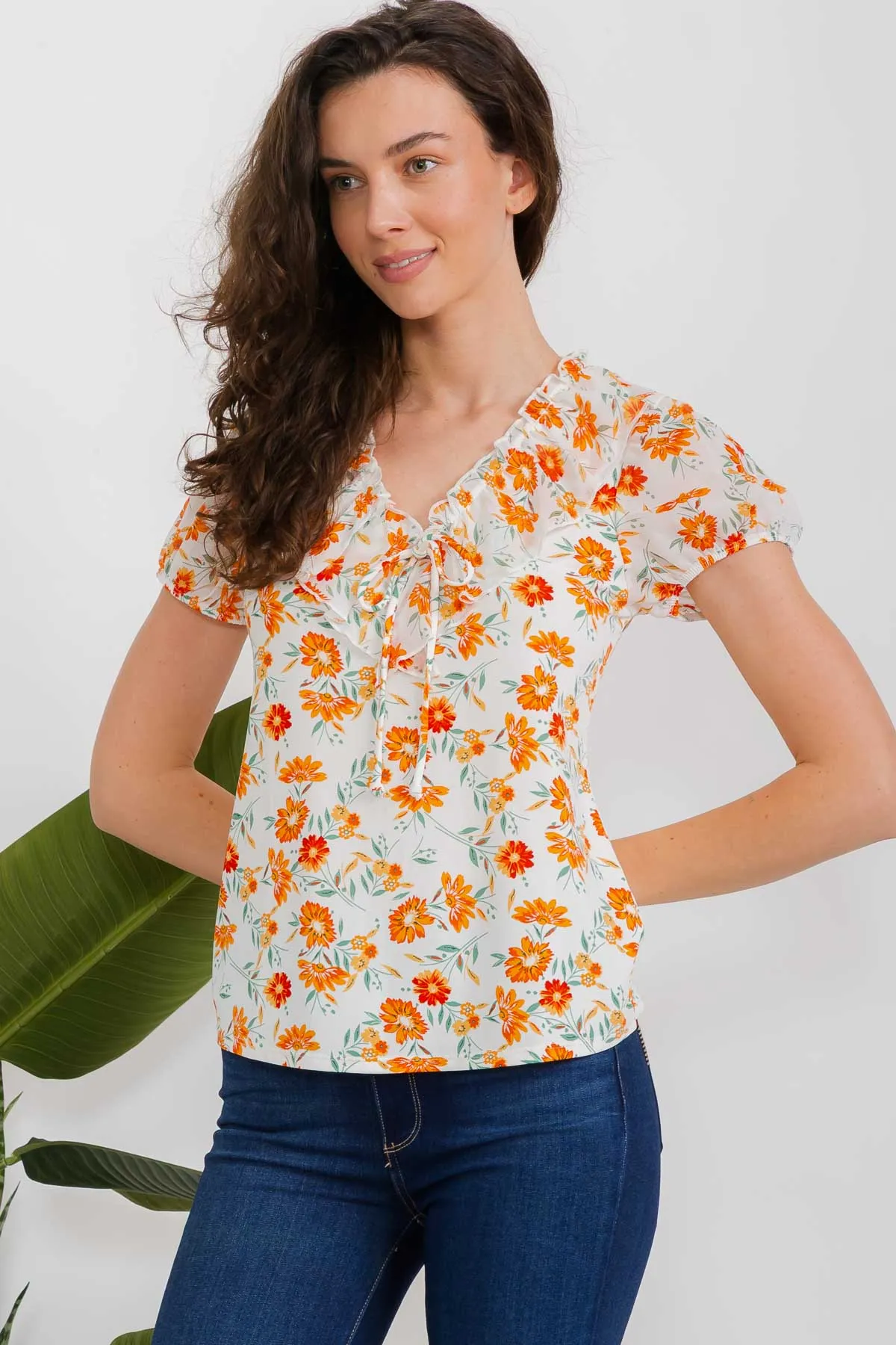 MIX MEDIA RUFFLE FRONT TIE PUFF SLEEVE PEASANT