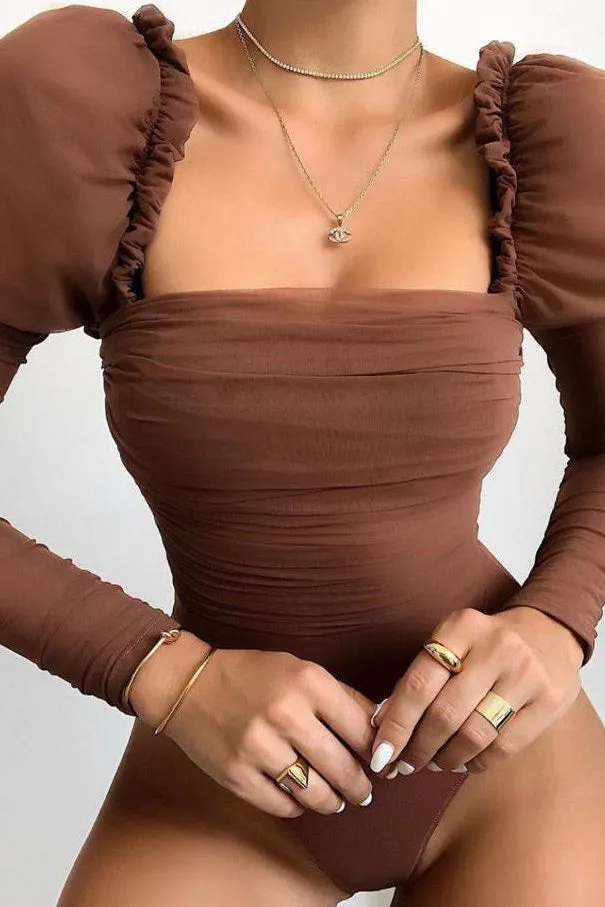 Mocha Ruched Chiffon Puff Sleeve Bodysuit