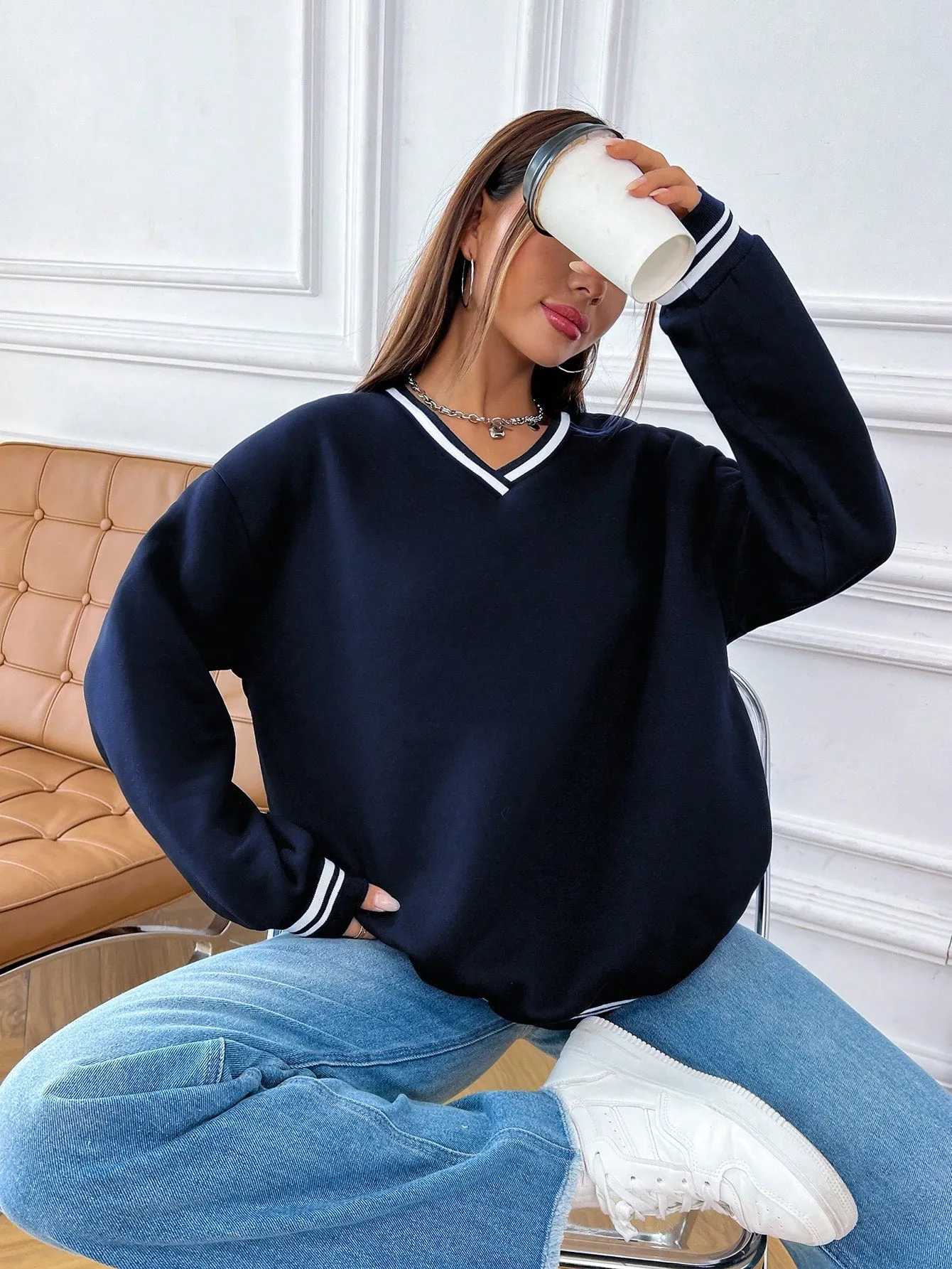 MOOSTA Ladies Simple Basic College Style V-Neck Sweatshirt