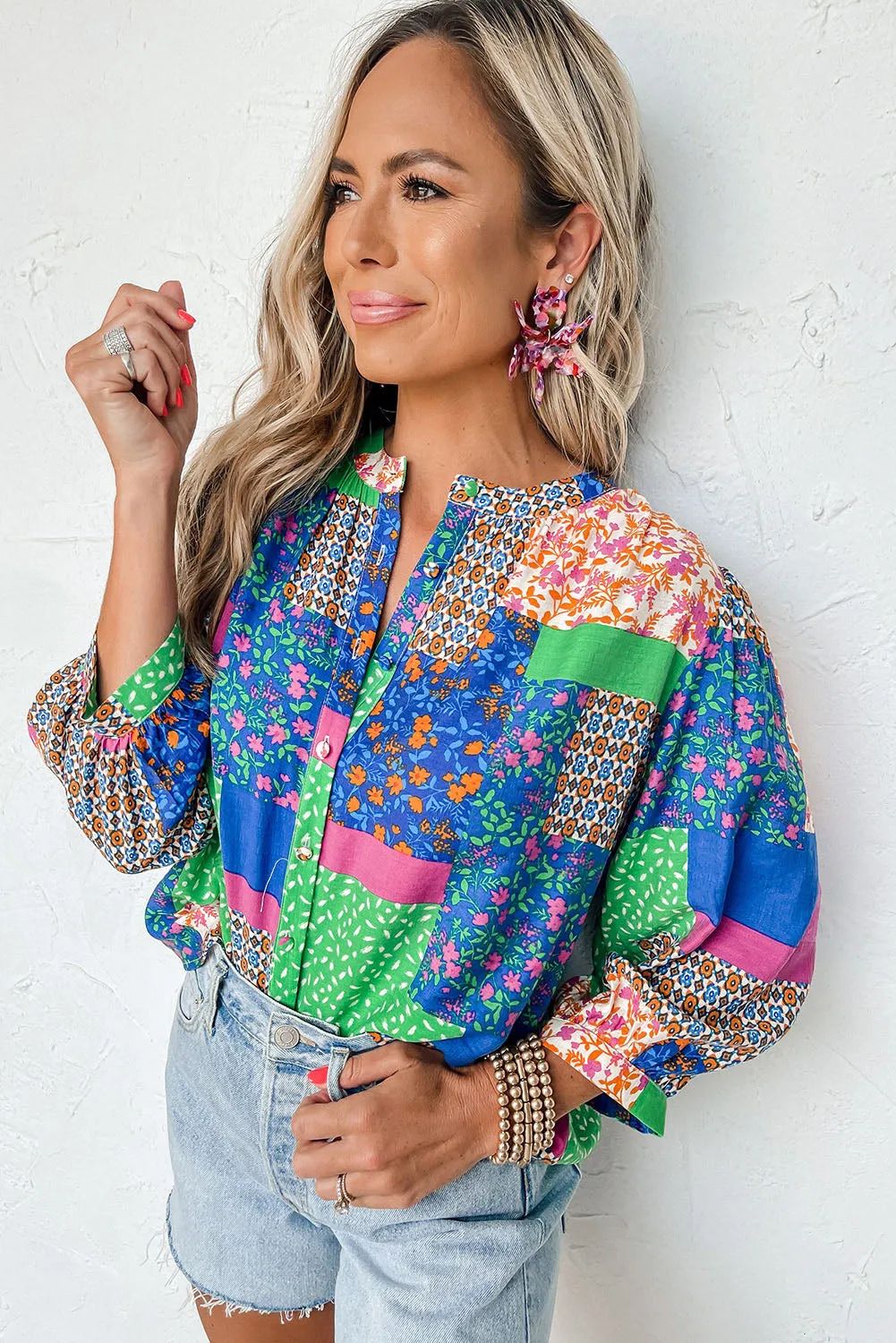 Multicolor Ditsy Floral Patchwork Puff Sleeve Shirt