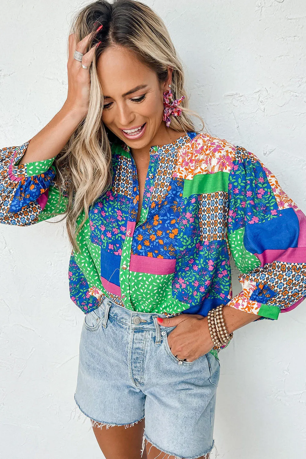 Multicolor Ditsy Floral Patchwork Puff Sleeve Shirt