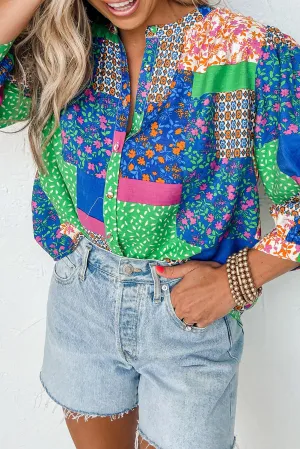 Multicolor Ditsy Floral Patchwork Puff Sleeve Shirt