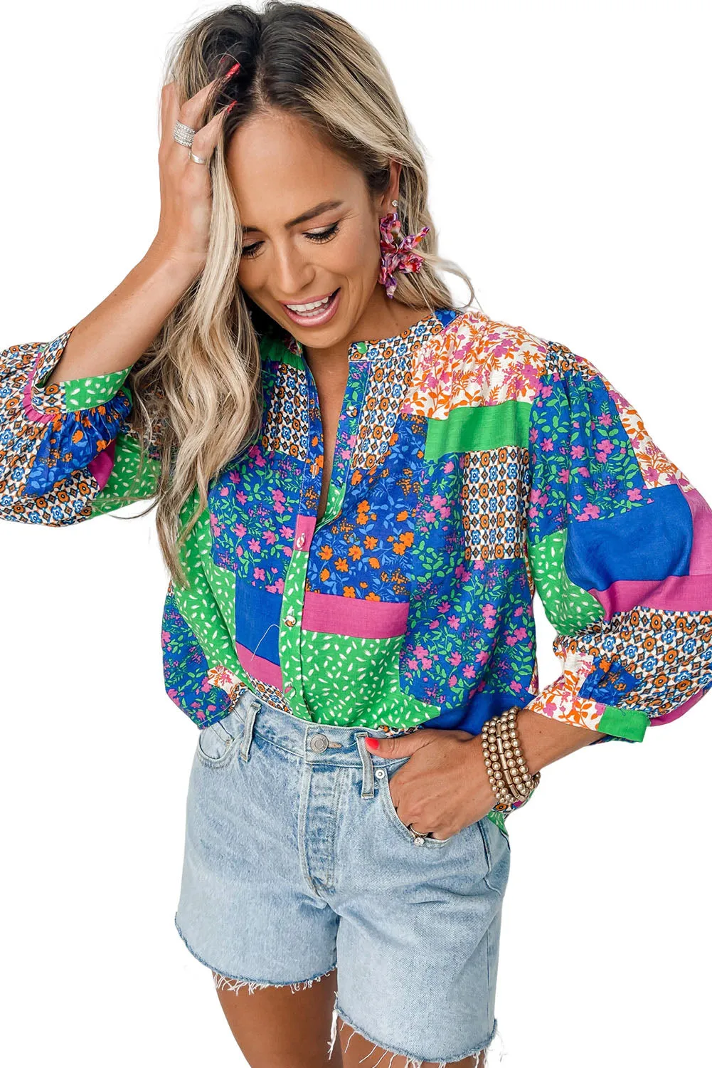 Multicolor Ditsy Floral Patchwork Puff Sleeve Shirt