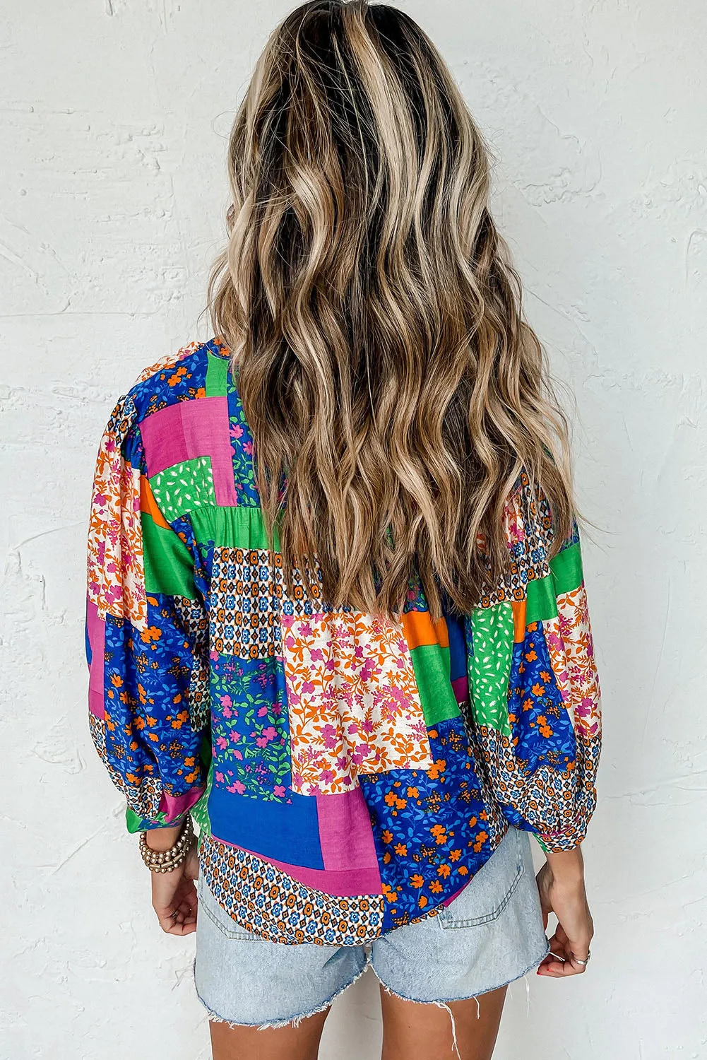 Multicolor Ditsy Floral Patchwork Puff Sleeve Shirt