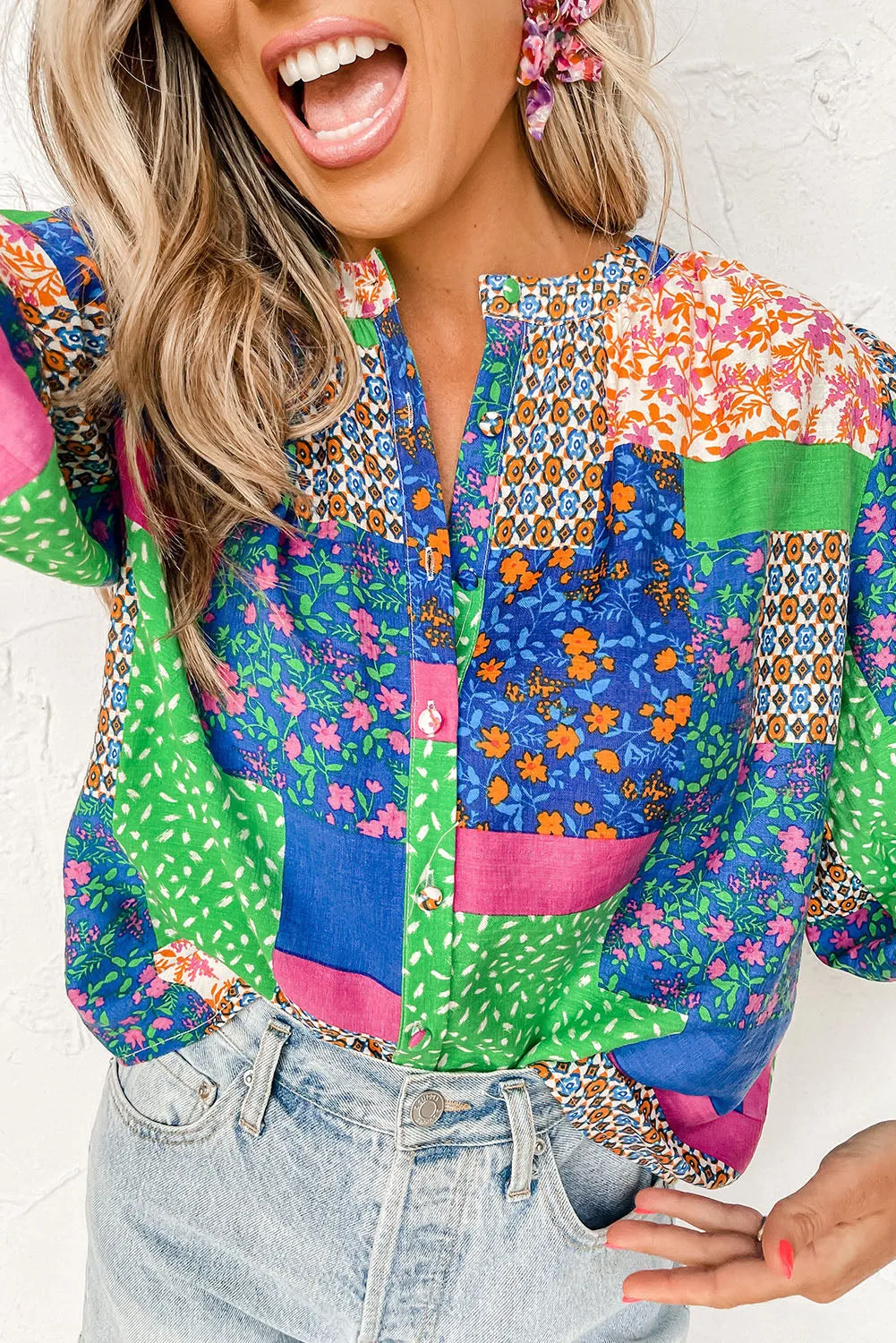 Multicolor Ditsy Floral Patchwork Puff Sleeve Shirt