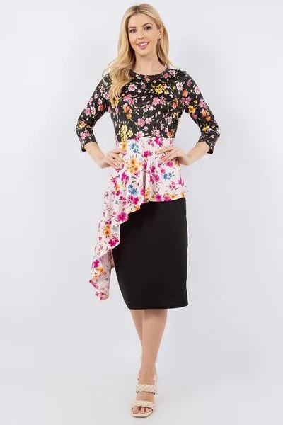 Multicolor Floral Asymmetrical Hemline Round Neck Top