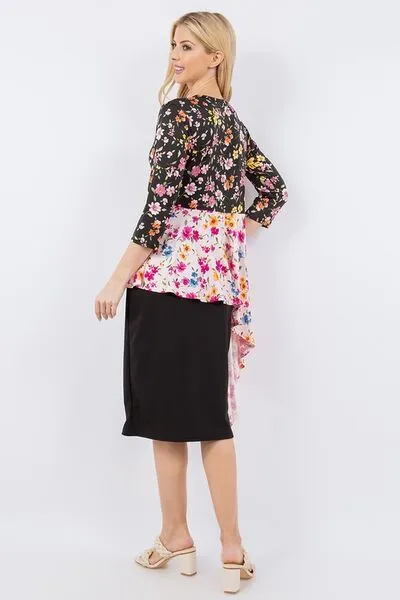 Multicolor Floral Asymmetrical Hemline Round Neck Top