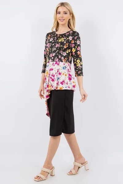 Multicolor Floral Asymmetrical Hemline Round Neck Top