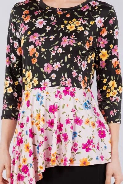 Multicolor Floral Asymmetrical Hemline Round Neck Top