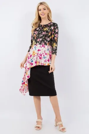 Multicolor Floral Asymmetrical Hemline Round Neck Top