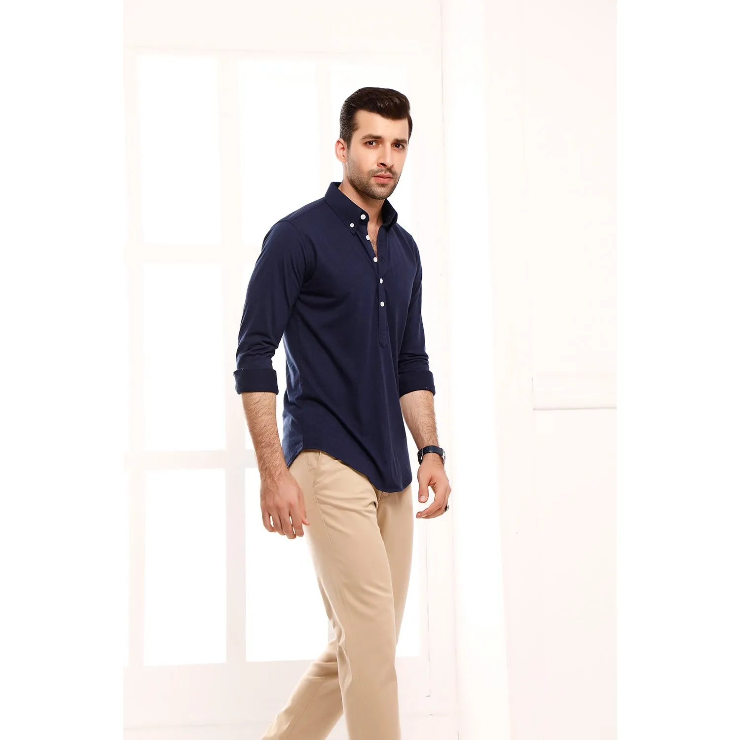 Navy Blue High Collar Mid Placket Shirt