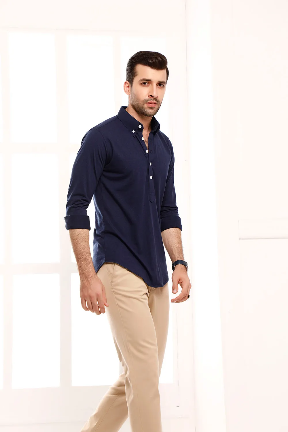 Navy Blue High Collar Mid Placket Shirt