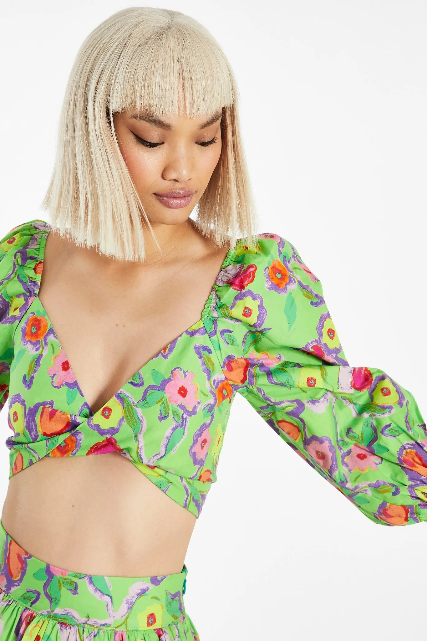 Neon-Green Floral Twist Front Puff Sleeve Crop-Top