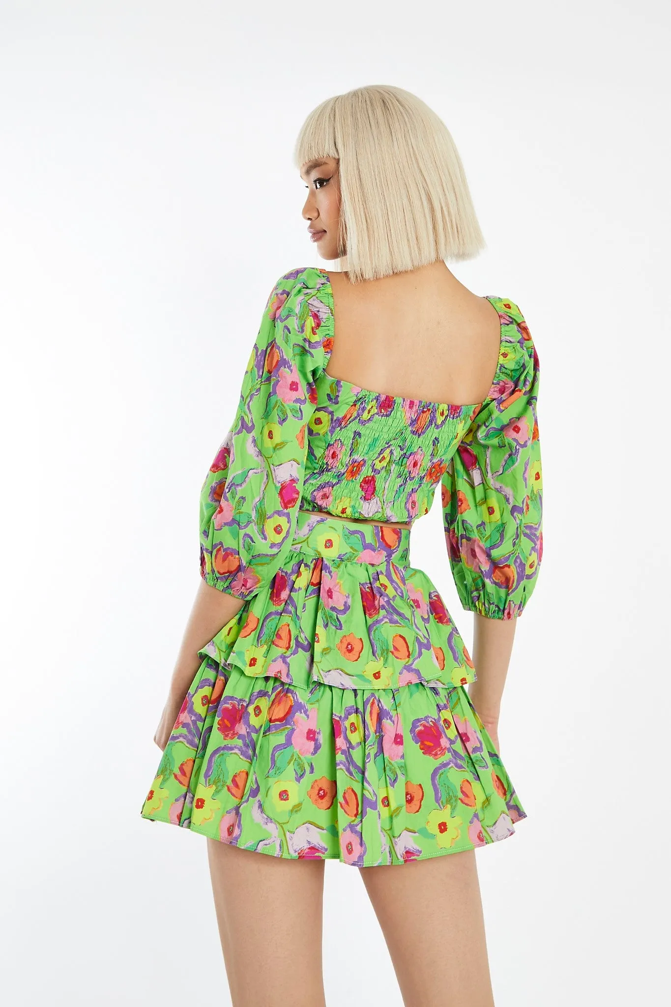 Neon-Green Floral Twist Front Puff Sleeve Crop-Top