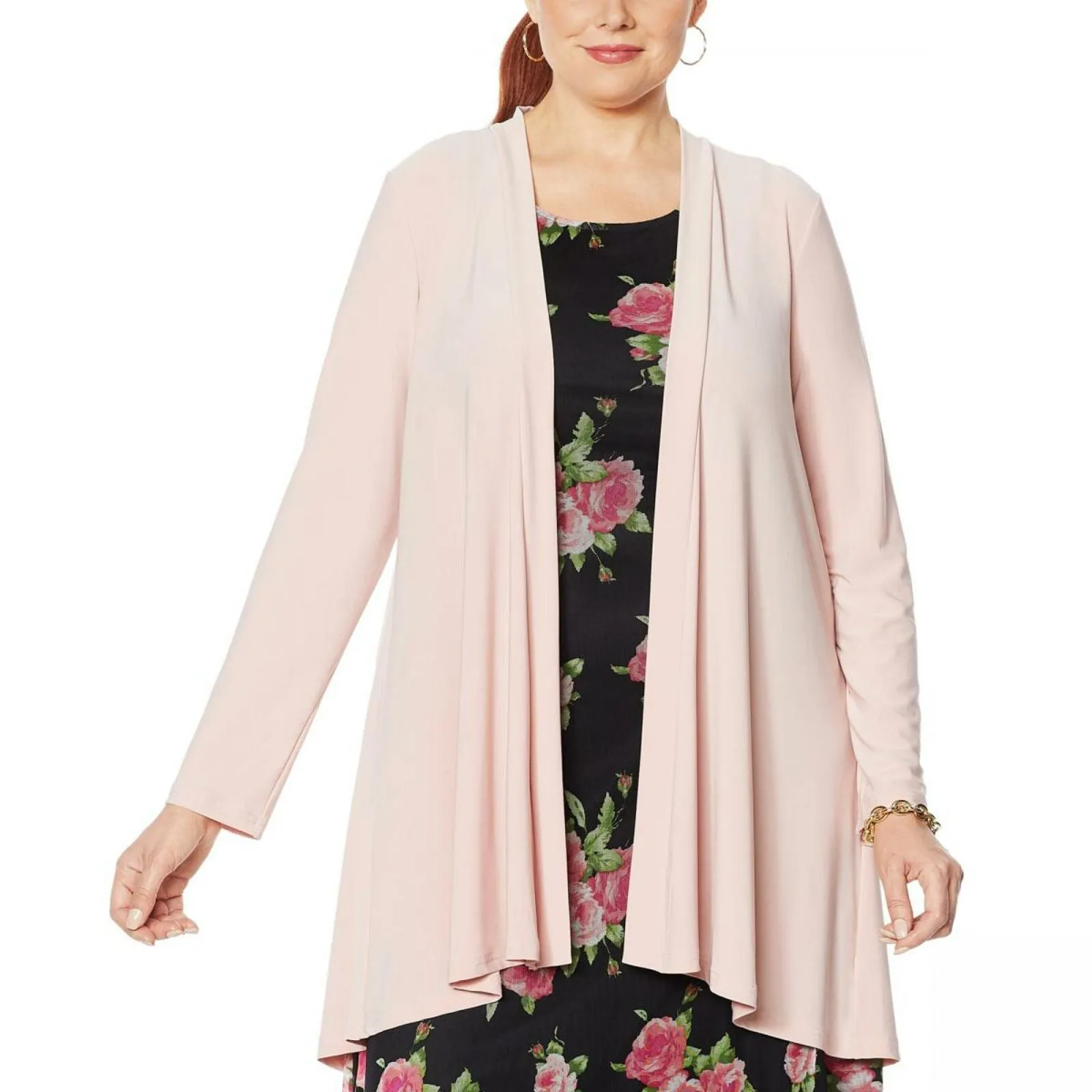 Nina Leonard Women's Plus Size Matte Jersey Cardigan With Ring Detail