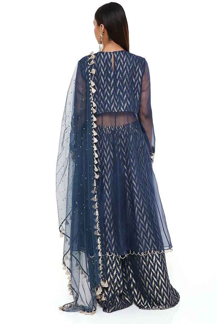 NOORA NAVY ORGANZA EMBROIDERED YOKE ANARKALI WITH BANARASI GEORGETTE PALAZZO AND DUPATTA
