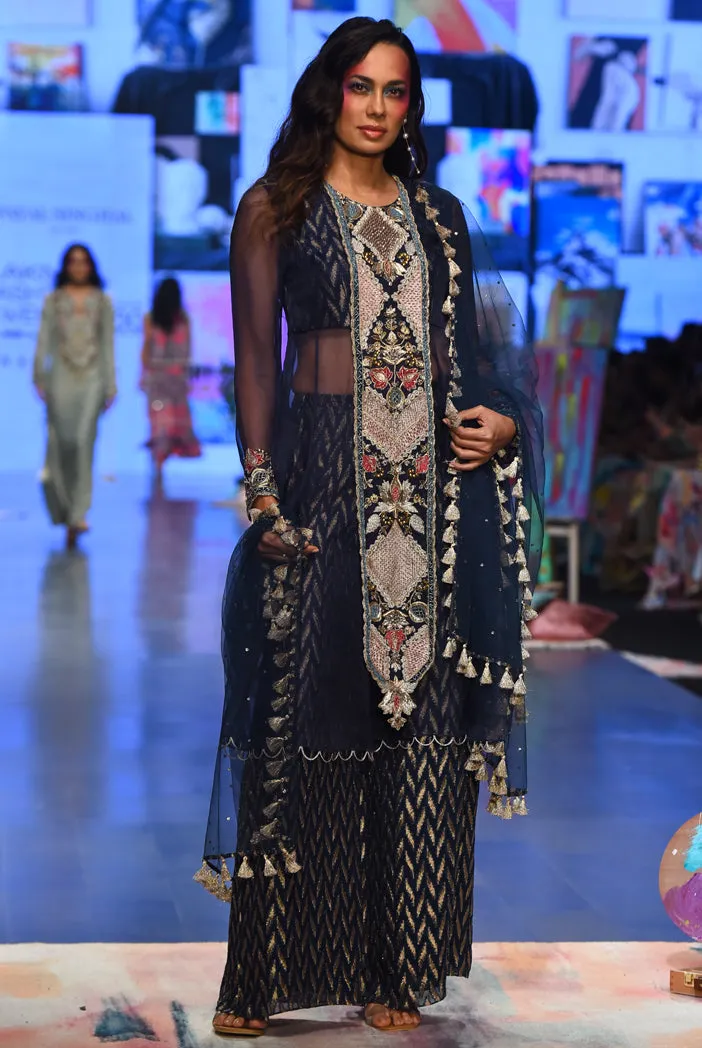NOORA NAVY ORGANZA EMBROIDERED YOKE ANARKALI WITH BANARASI GEORGETTE PALAZZO AND DUPATTA