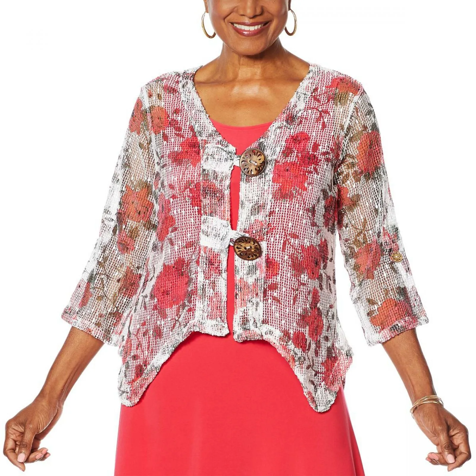 NWT Nina Leonard Women's 3/4-Sleeve Coconut Button Novelty Cardigan Medium