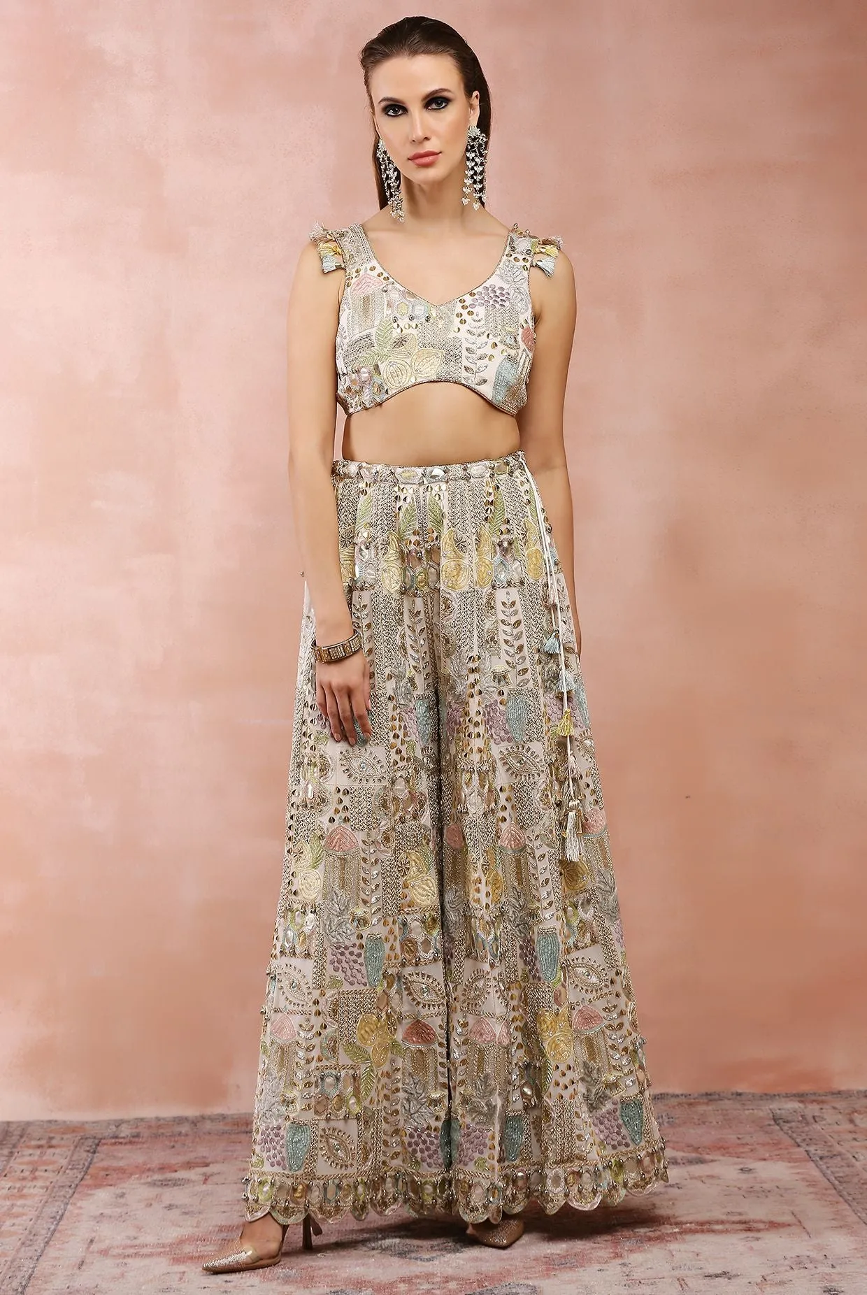 OFF WHITE APPLIQUE EMBROIDERED CHOLI WITH SHARARA AND DUPATTA