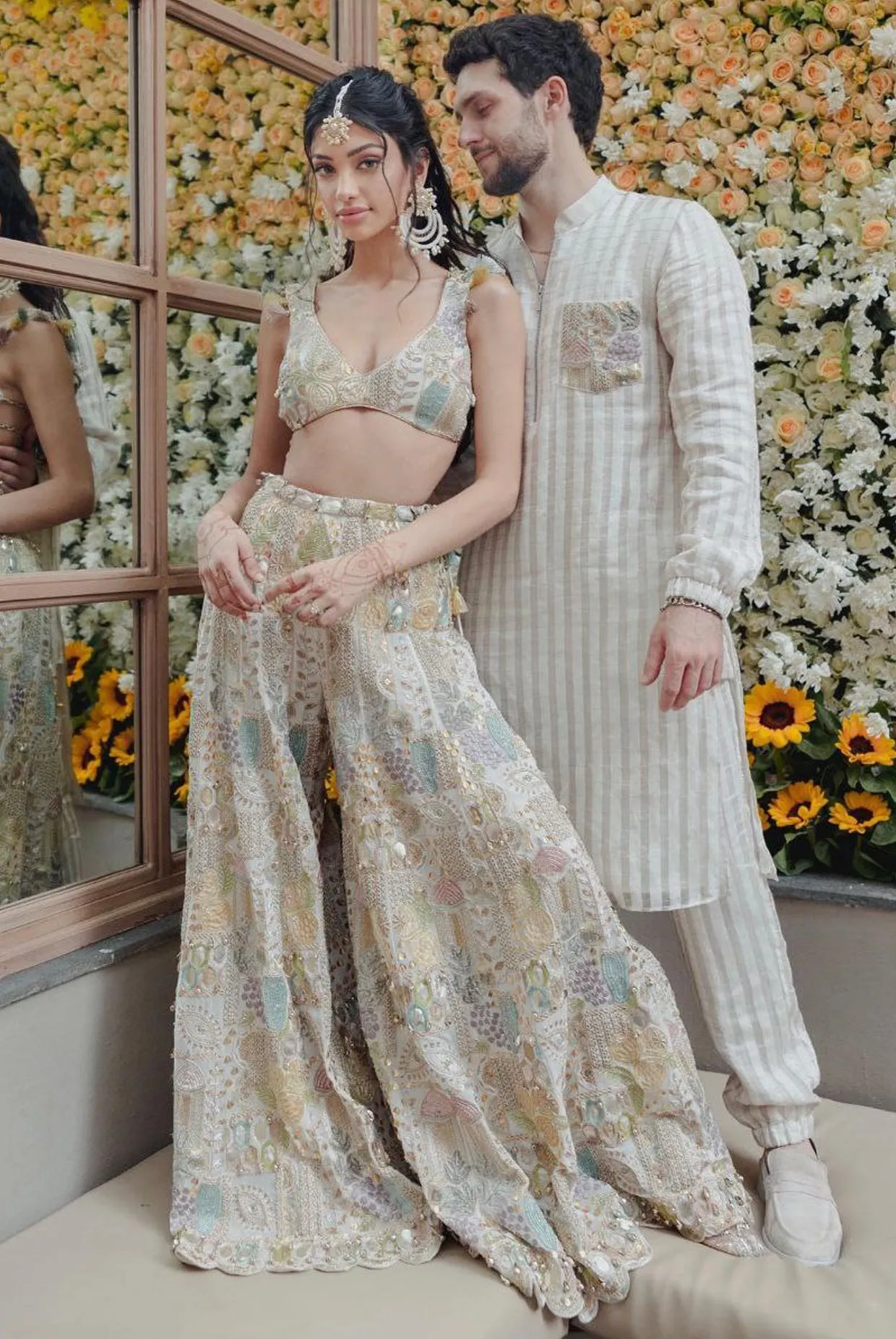 OFF WHITE GEORGETTE EMBROIDERED CHOLI AND SHARARA
