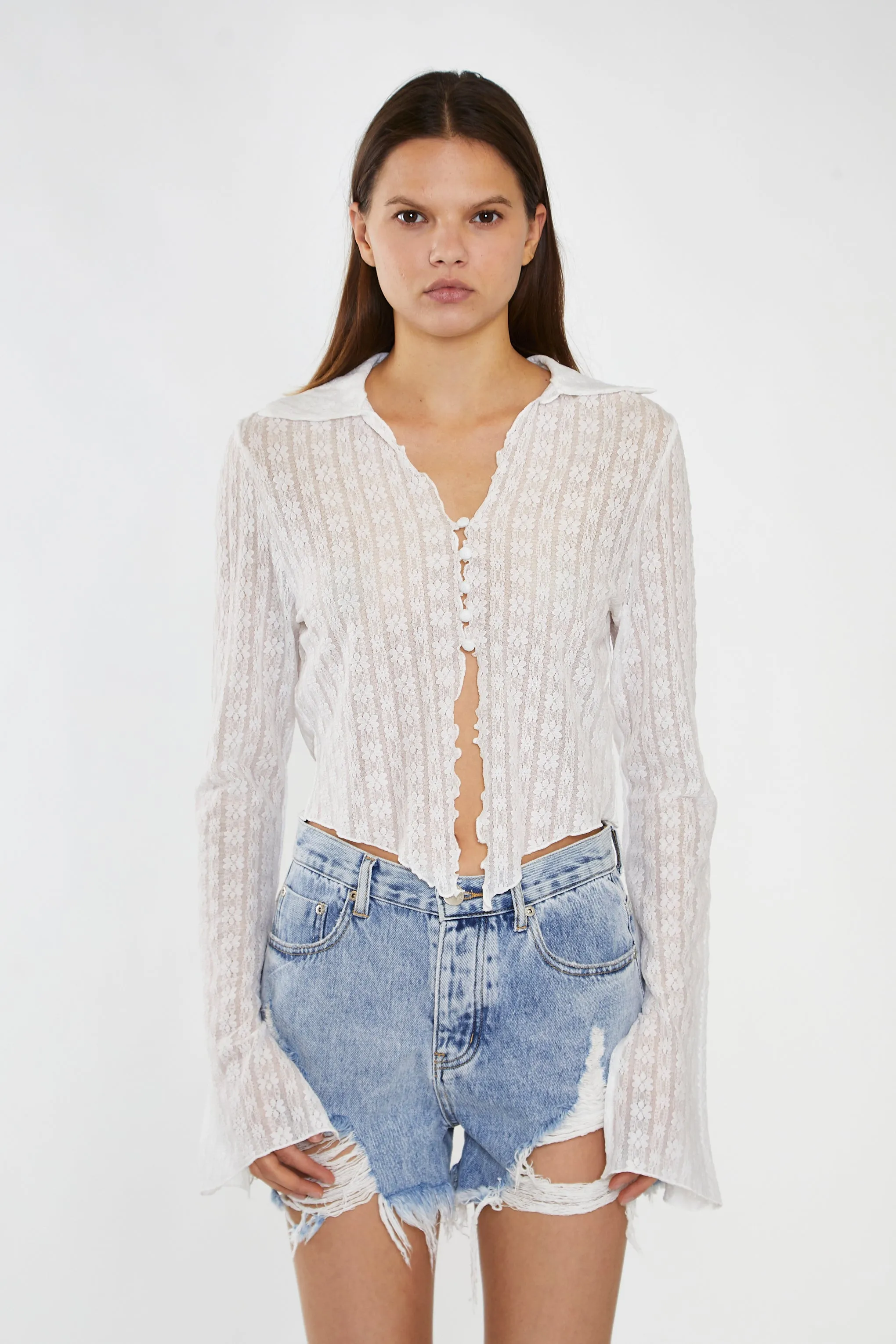 Off-White Lace Button-Through Asymmetrical-Top