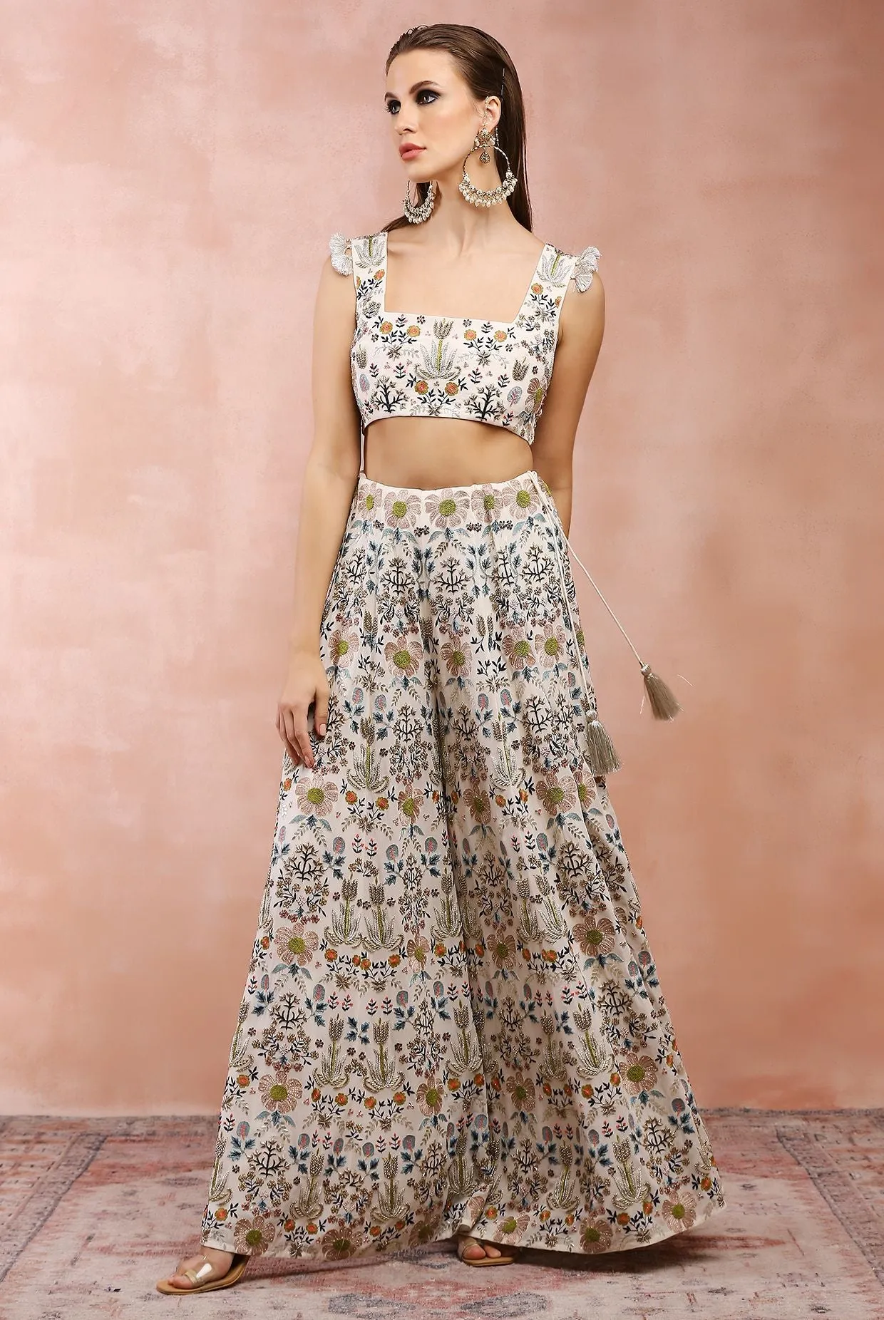 OFF WHITE TULIP GARDEN EMBROIDERY CHOLI WITH SHARARA