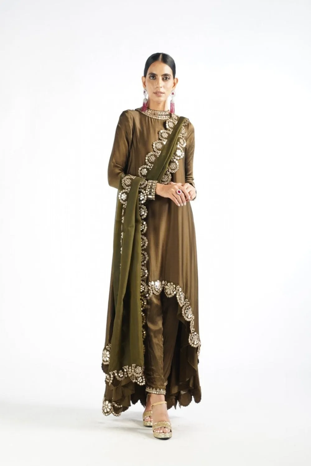 Olive Green Mirror Scallop Pant Kurta Set