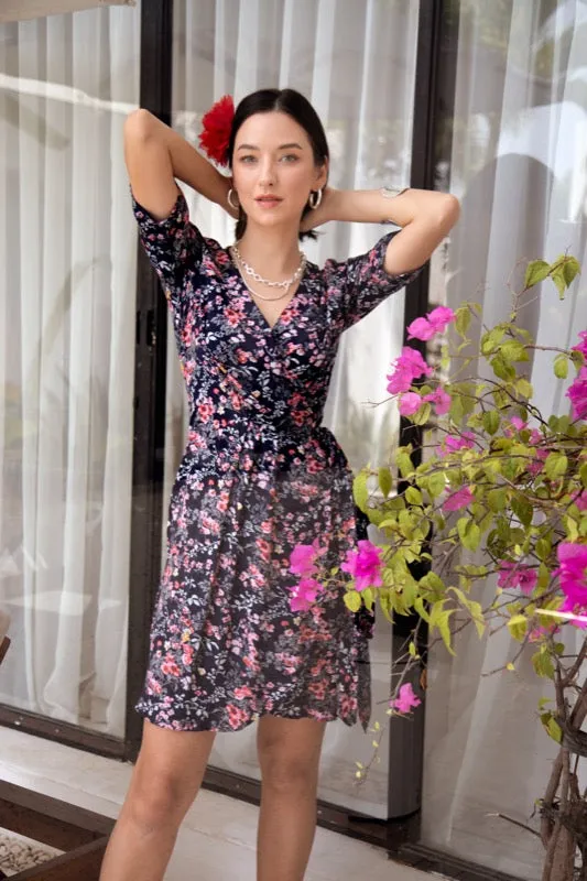 Olive Wrap Dress - Pink Flowers