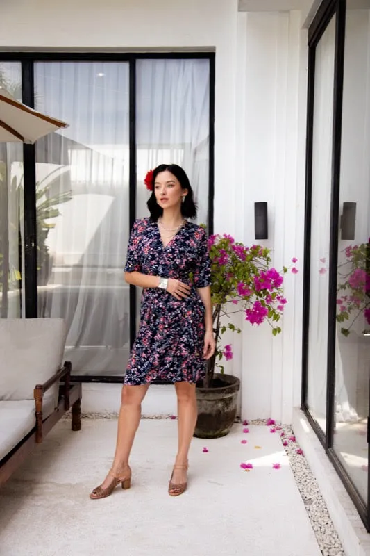 Olive Wrap Dress - Pink Flowers