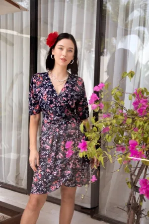 Olive Wrap Dress - Pink Flowers