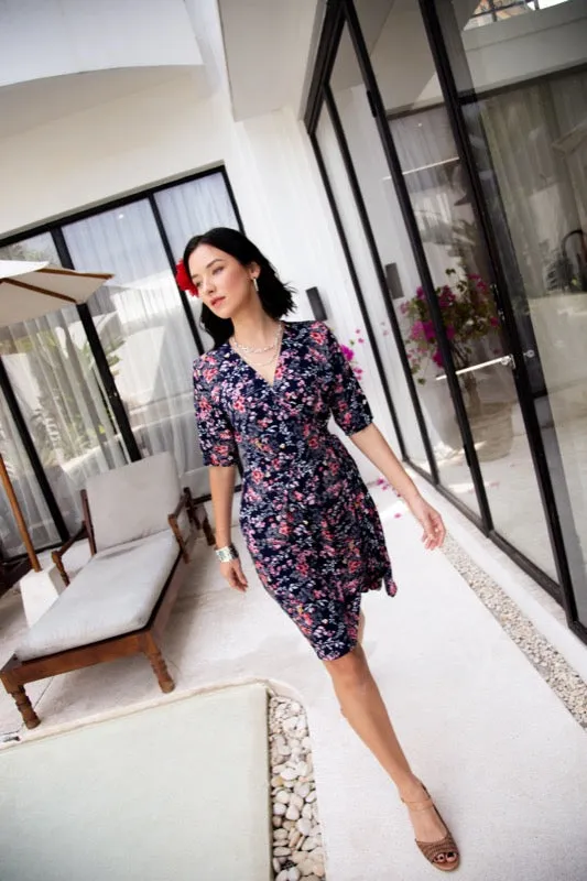 Olive Wrap Dress - Pink Flowers