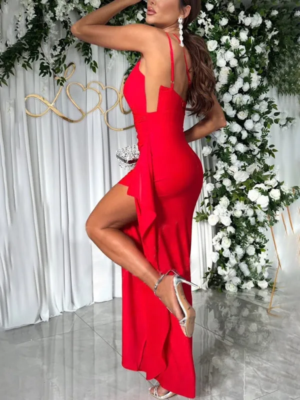 One-Shoulder Maxi Dress with High Slit and Ruched Detailing