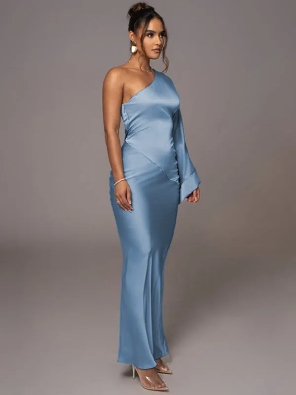 One-Shoulder Satin Maxi Dress with Fitted Silhouette