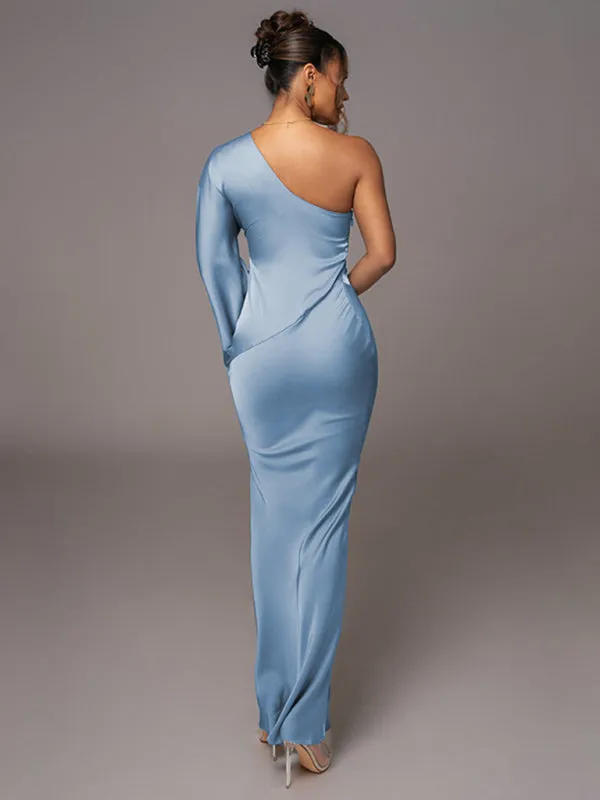 One-Shoulder Satin Maxi Dress with Fitted Silhouette