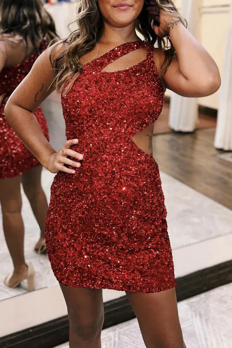 One Shoulder Sleeveless Sequined Fitted Homecoming Dress