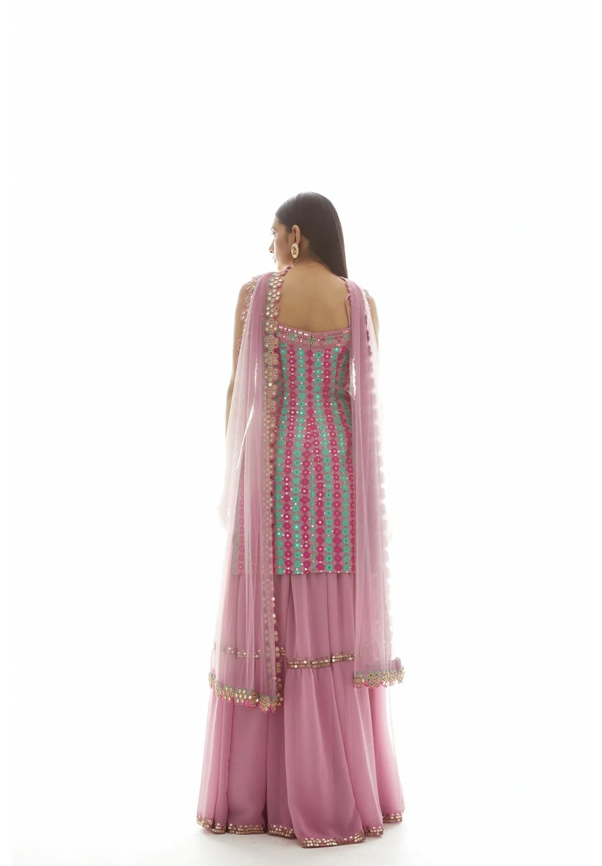 Onion Pink Applique Kurta Sharara Set