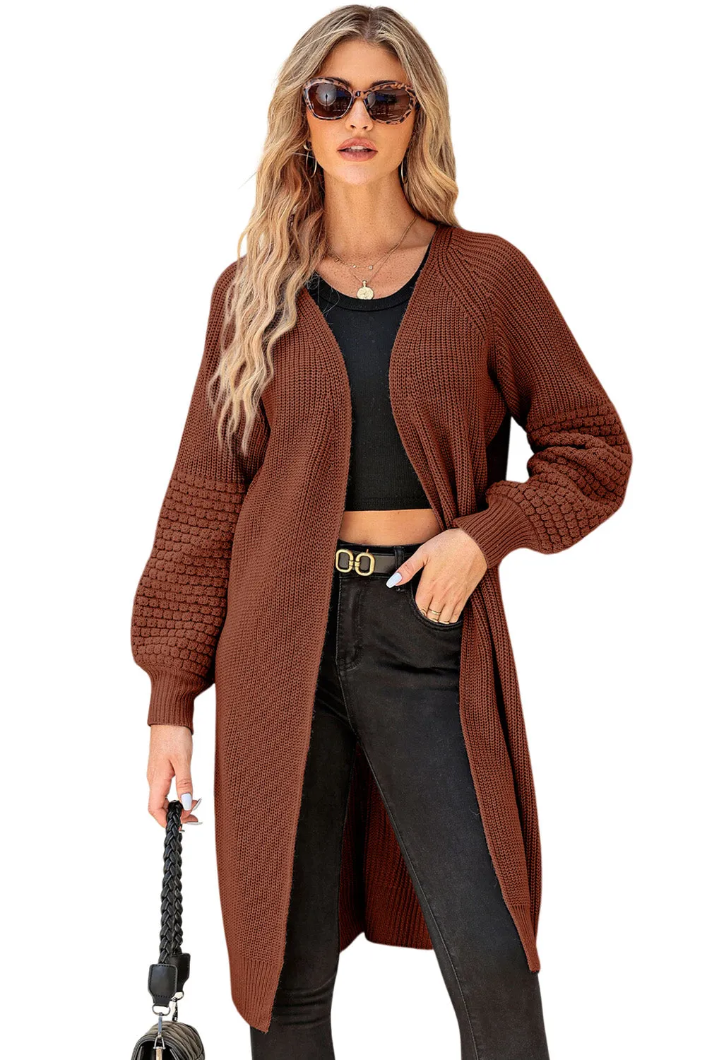 Orange Contrast Knit Puff Sleeve Open Front Long Cardigan