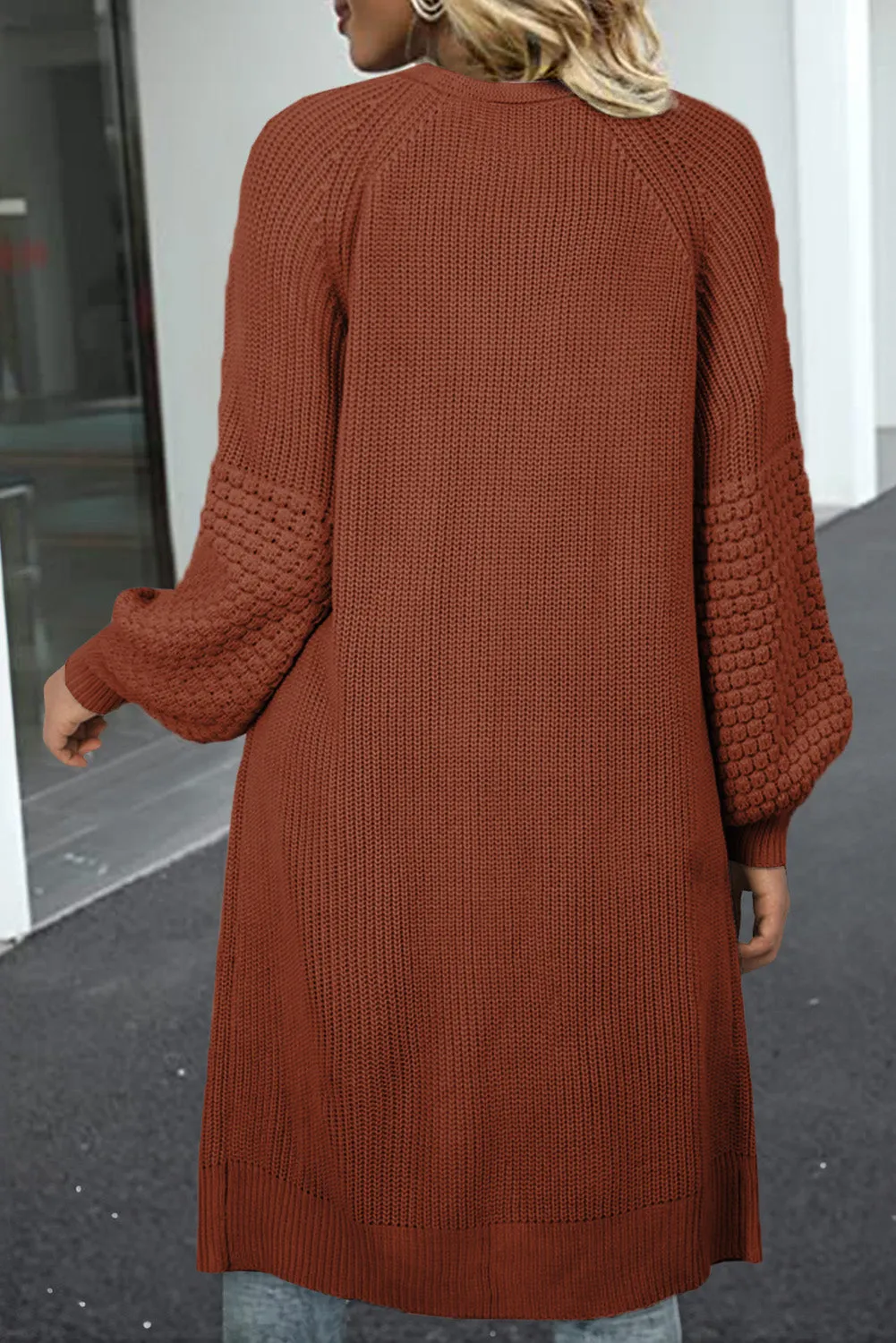 Orange Contrast Knit Puff Sleeve Open Front Long Cardigan