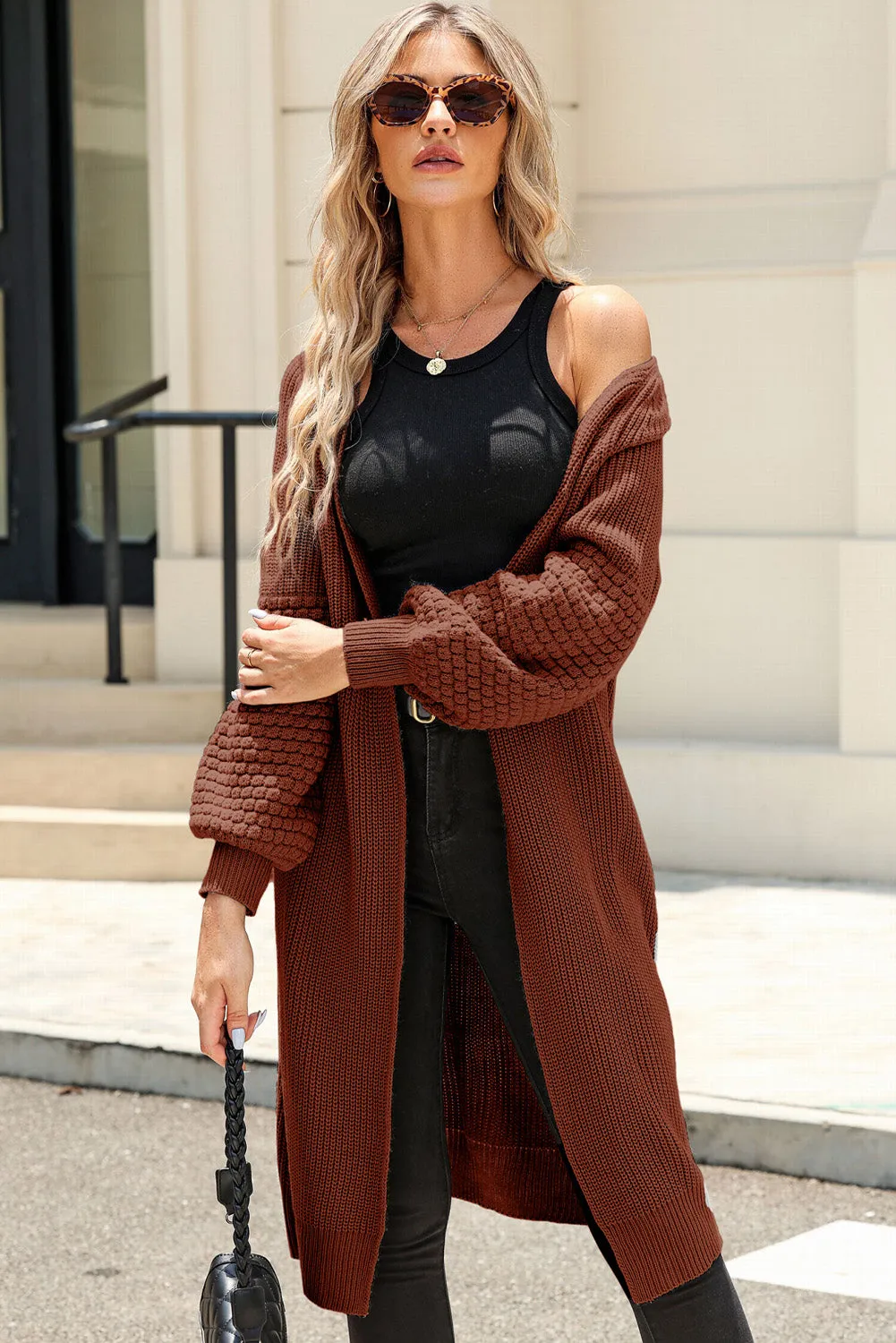 Orange Contrast Knit Puff Sleeve Open Front Long Cardigan