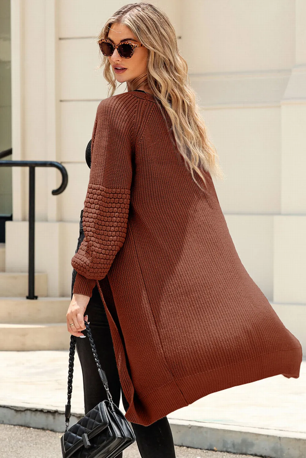 Orange Contrast Knit Puff Sleeve Open Front Long Cardigan