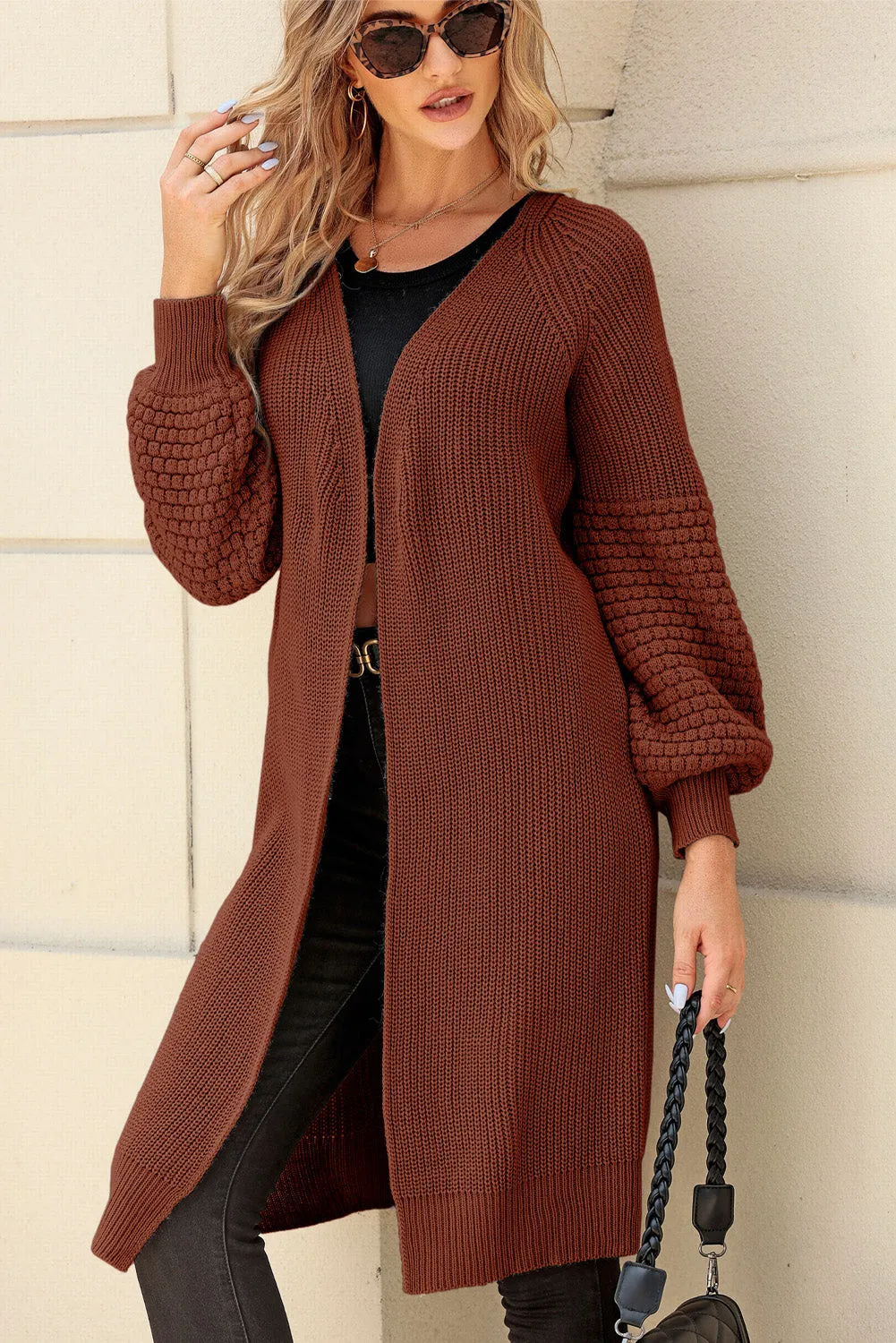 Orange Contrast Knit Puff Sleeve Open Front Long Cardigan
