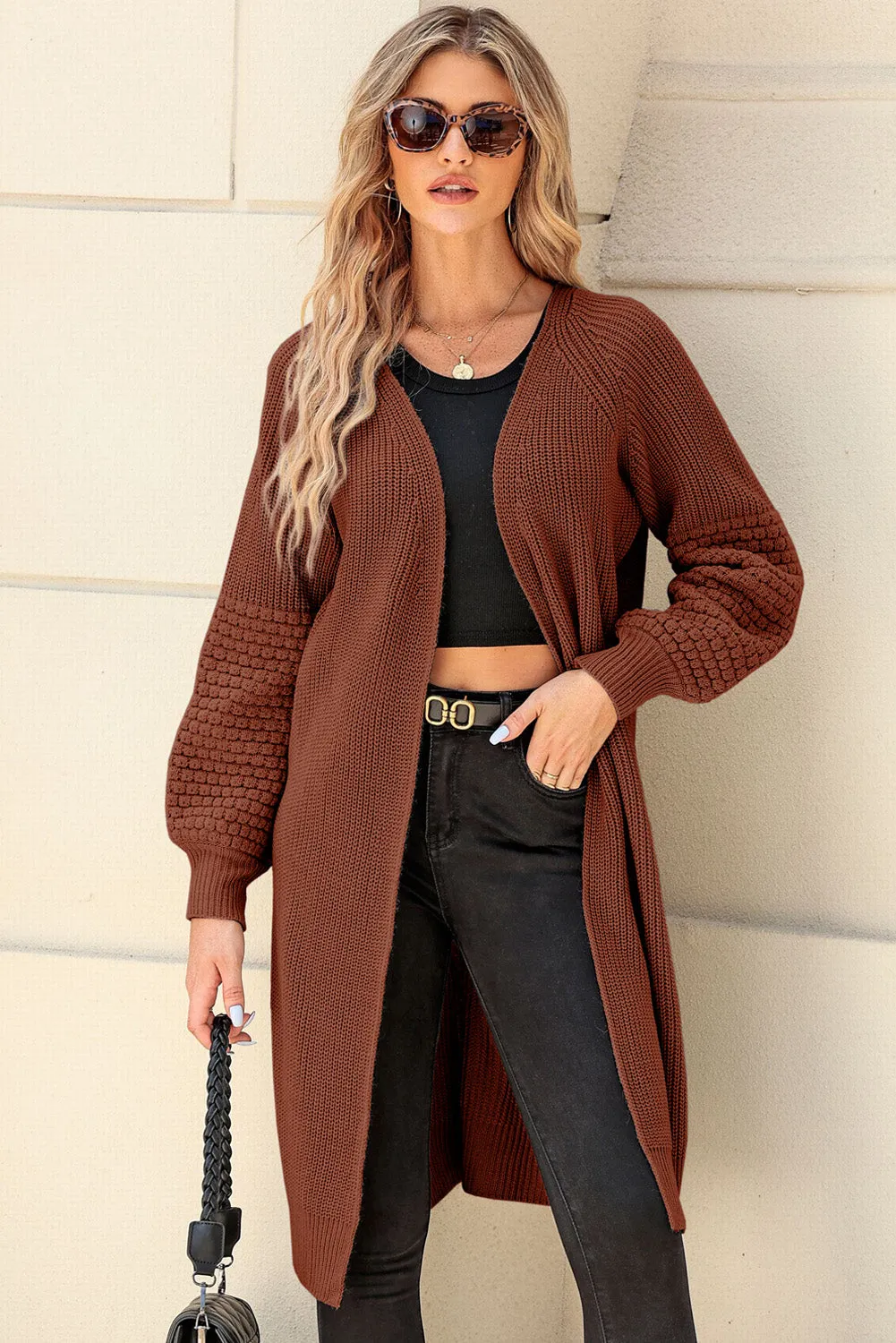 Orange Contrast Knit Puff Sleeve Open Front Long Cardigan