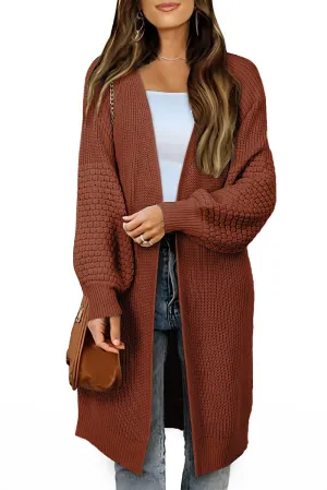 Orange Contrast Knit Puff Sleeve Open Front Long Cardigan