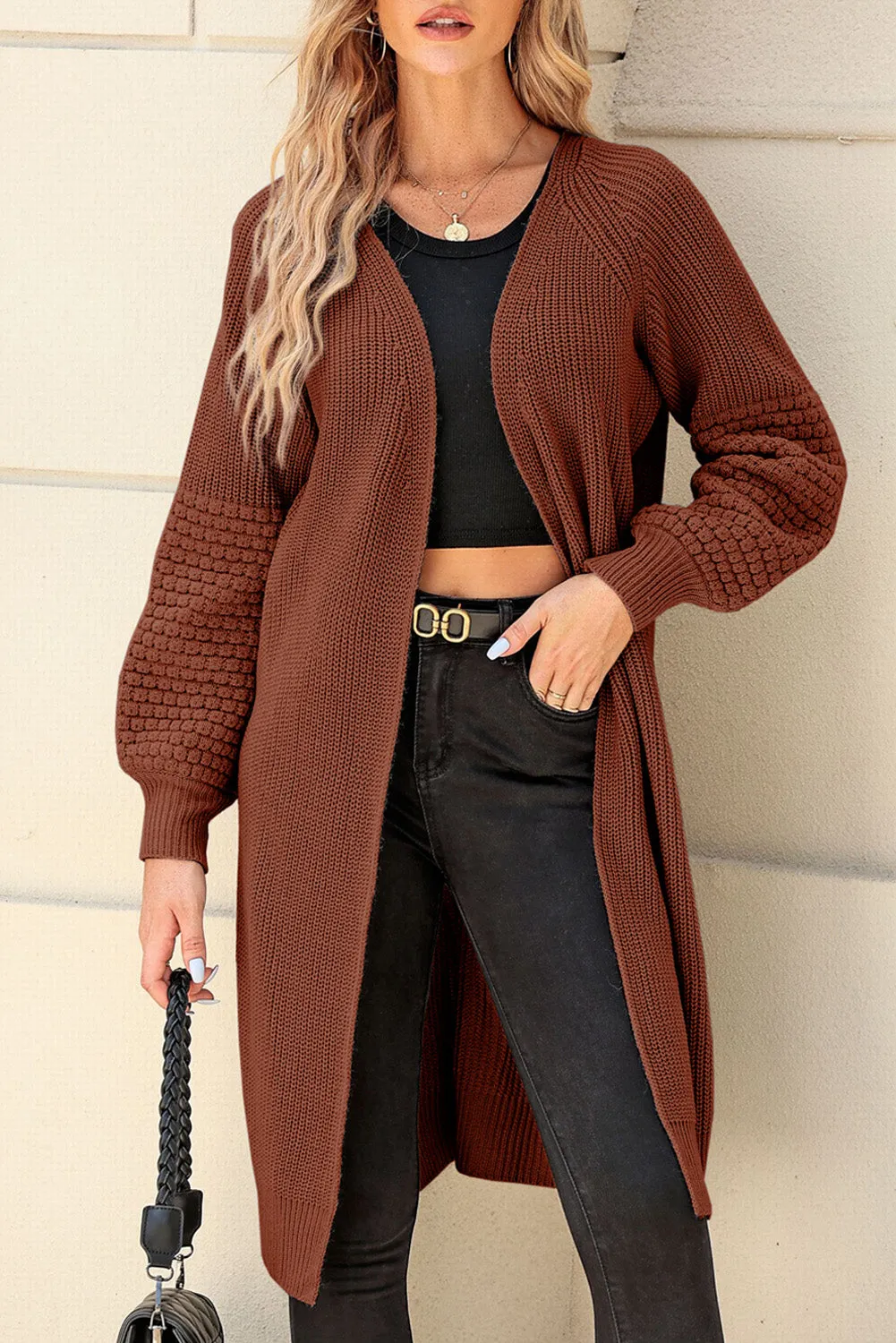 Orange Contrast Knit Puff Sleeve Open Front Long Cardigan