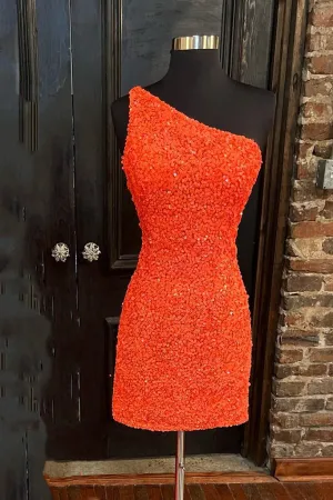 Orange Sequin One Shoulder Fitted Homecoming Dress