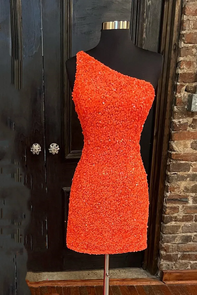 Orange Sequin One Shoulder Fitted Homecoming Dress