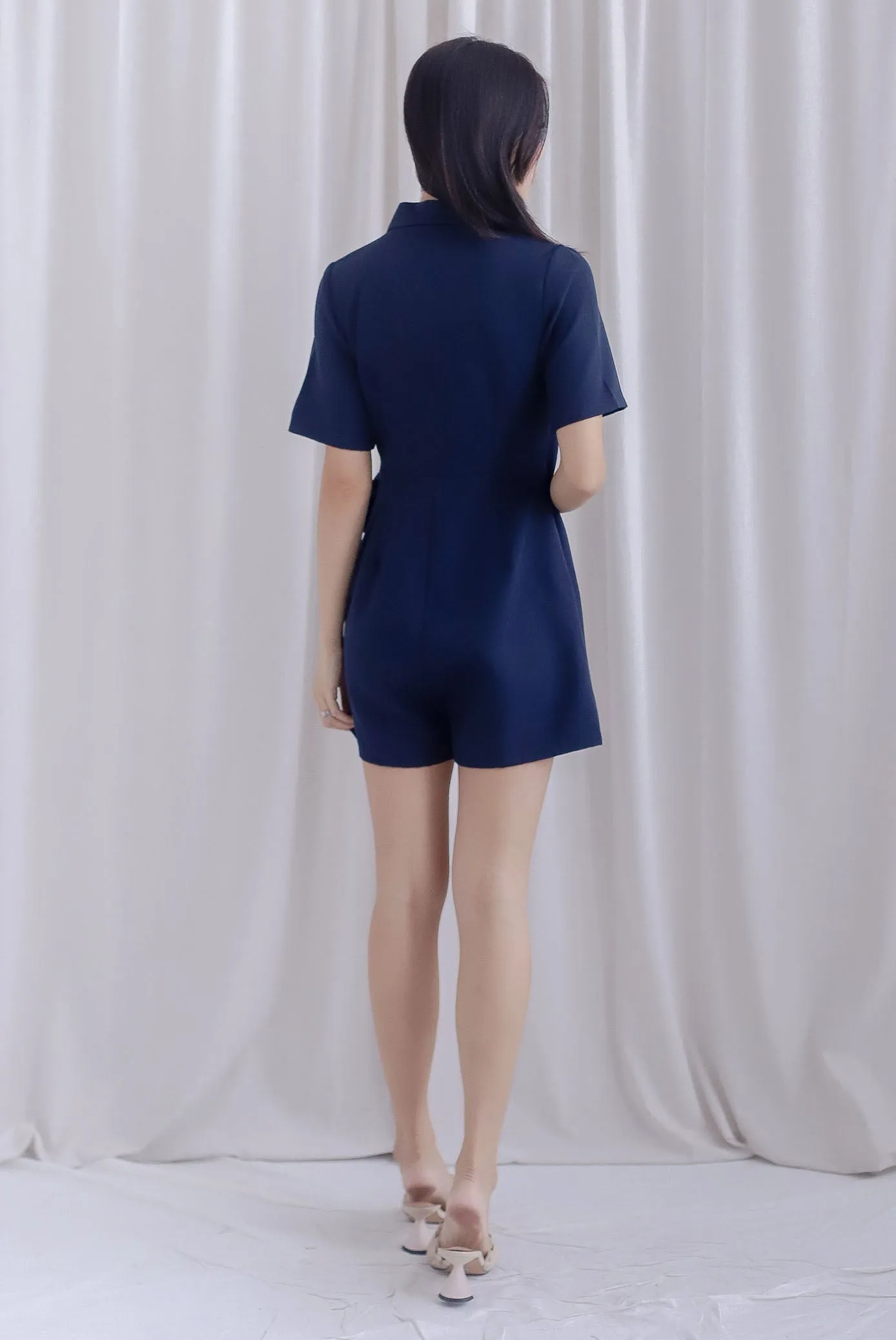 Oren Lape Collar Wrap Overlap Romper In Navy Blue